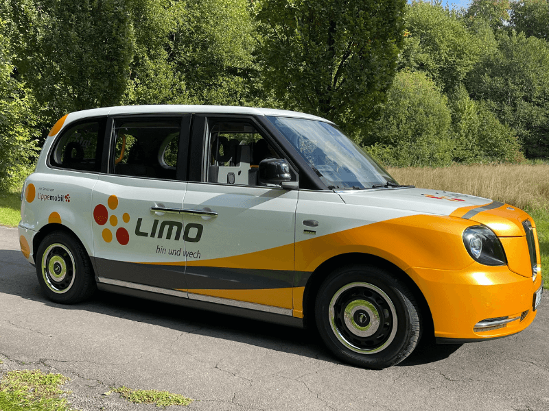 Weiß oranges Limo-Auto steht in der Natur